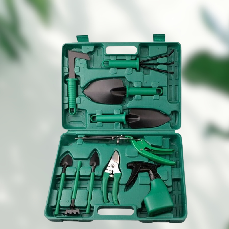 Kit d'outils de jardinage 10 pièces en acier inoxydable, ergonomiques, avec mallette de transport robuste.