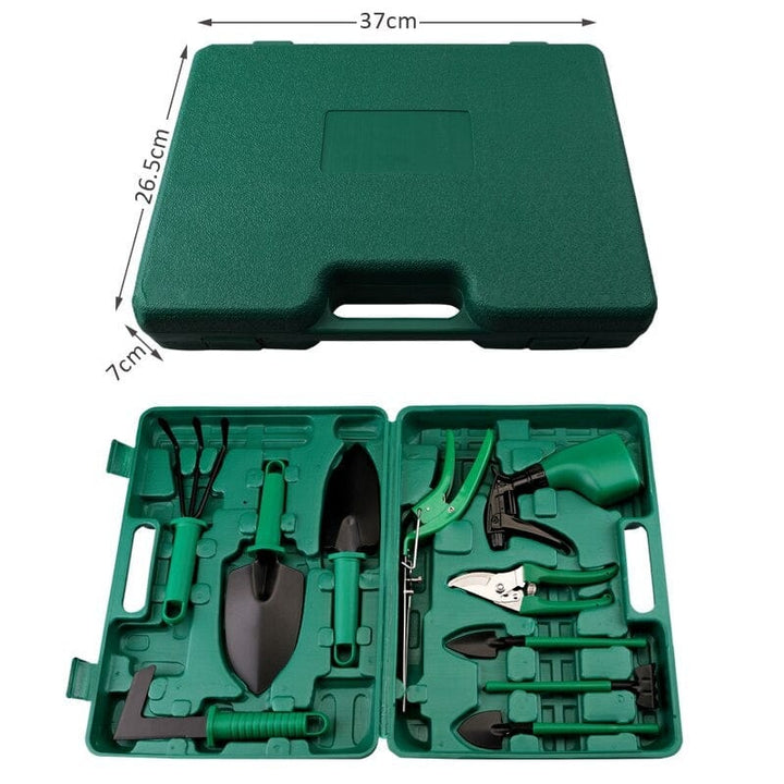 Mallette contenant 10 outils de jardinage essentiels en acier inoxydable, parfaits pour tout jardinier passionné.