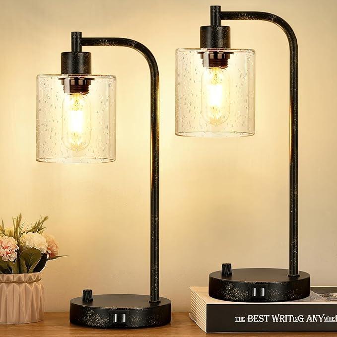 Lampe de table industrielle noire en métal, dimmable. Éclairage LED moderne avec port USB pour chambre.