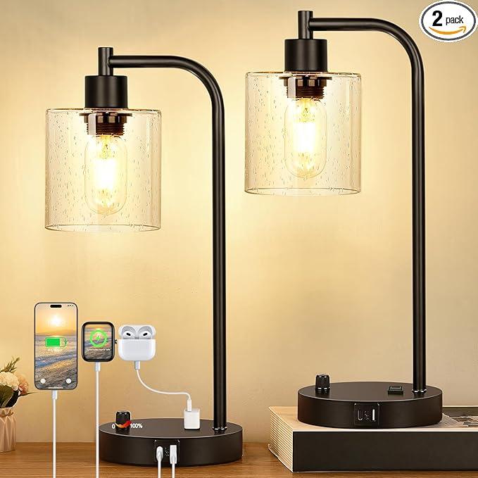Paire de lampes de table industrielles, dimmables, avec USB-C et LED. Créez une ambiance chaleureuse et moderne.