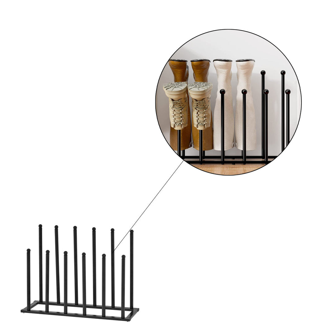 Organisateur polyvalent en métal noir pour 6 paires de bottes et chaussures. Rangement d'entrée élégant et pratique.