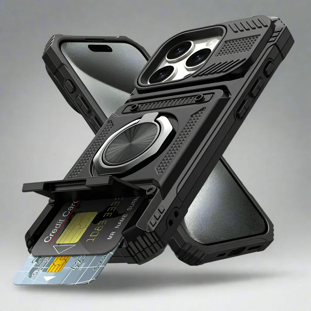 Protection iPhone polyvalente : coque portefeuille magnétique, antichoc, avec support vidéo intégré.