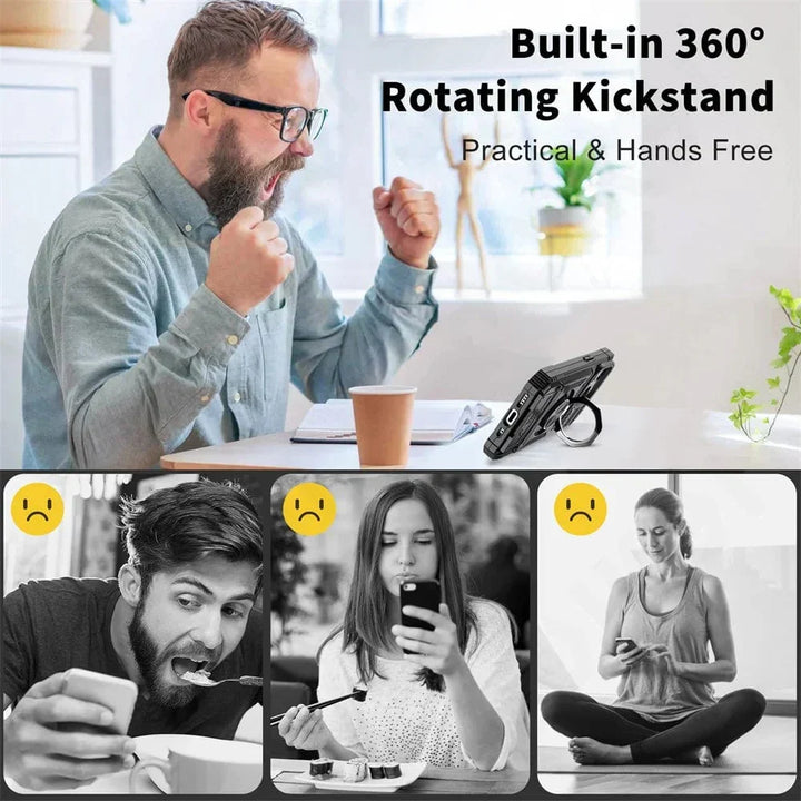 Coque iPhone multifonctionnelle : protection intégrale, fentes pour cartes, support et fermeture magnétique.