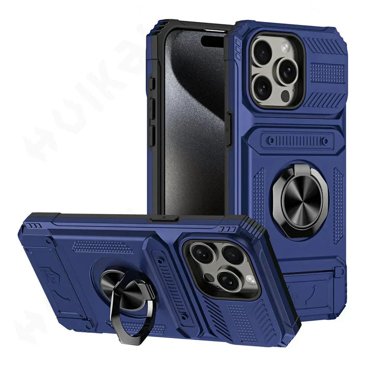 Votre iPhone en sécurité : coque portefeuille magnétique robuste avec fentes pour cartes et protection écran renforcée.