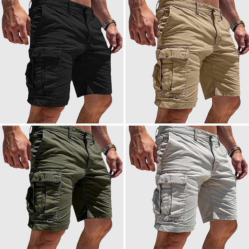 Short cargo beige homme, multi-poches, confortable, parfait pour loisirs et détente en été.