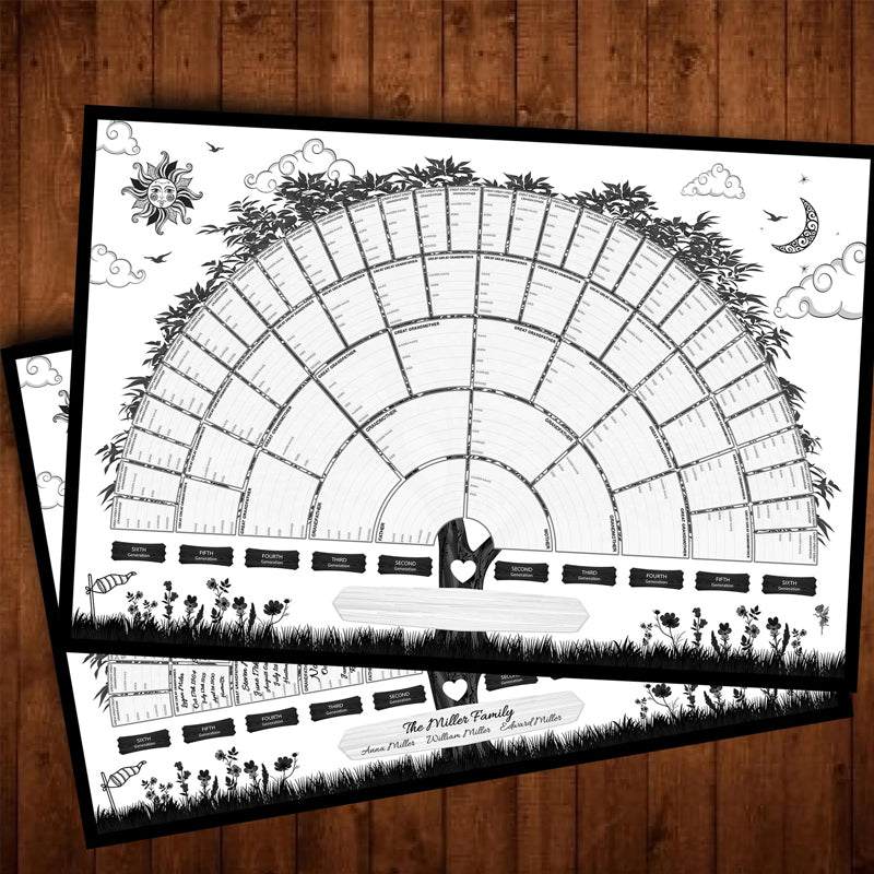 Grand arbre généalogique pour 6 générations, affichant l'histoire familiale. Idéal pour généalogie et décoration intérieure.