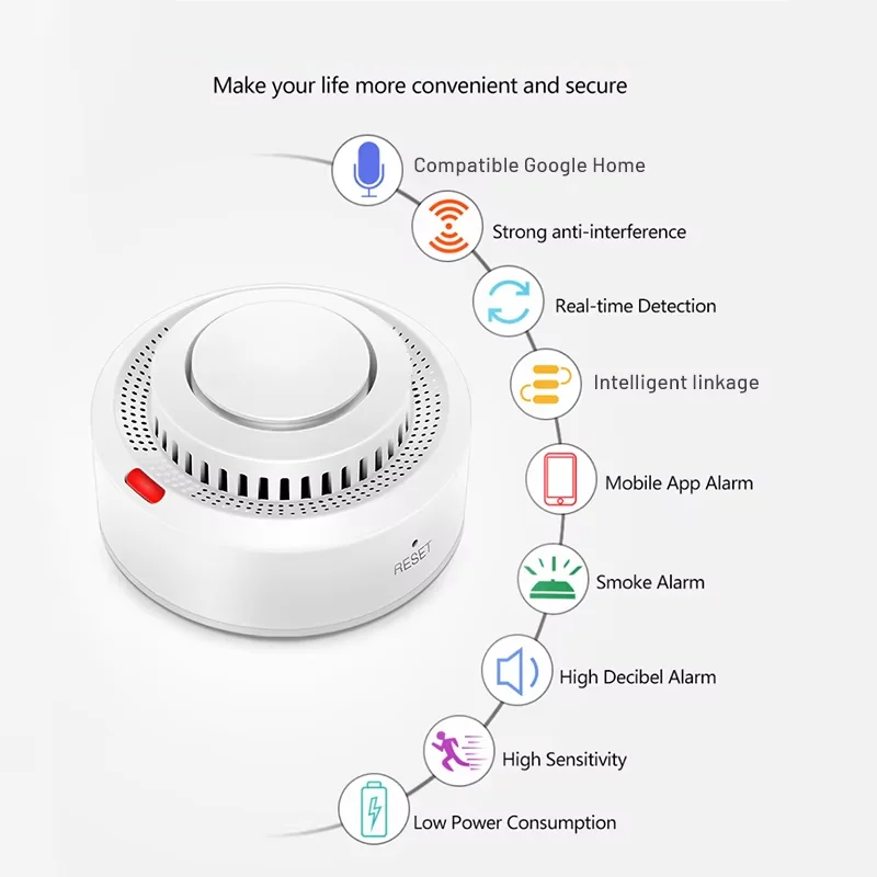 Vue latérale du détecteur de fumée WiFi compact, design moderne pour maison connectée et sécurité.