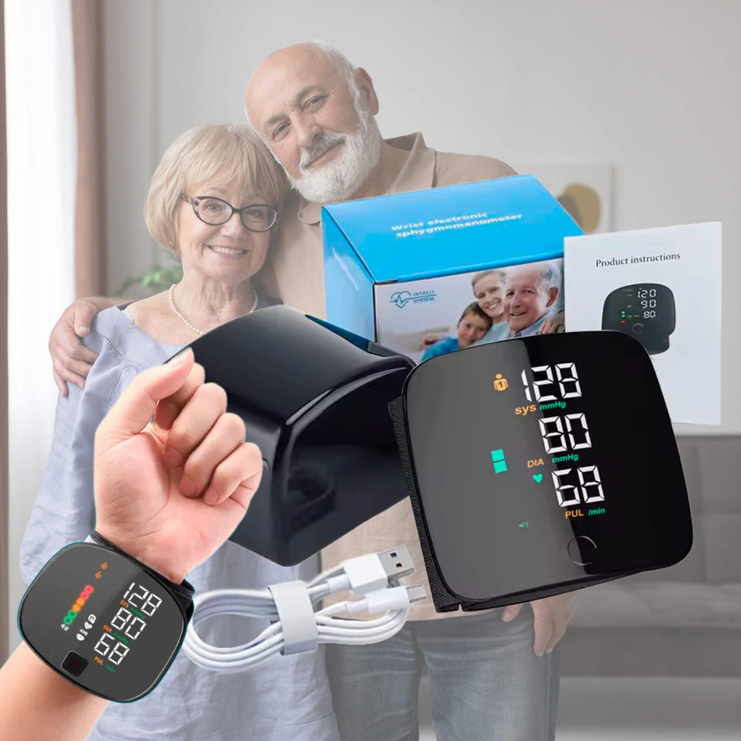 Tensiomètre poignet numérique portable avec alertes vocales pour un suivi facile de la tension artérielle à domicile.