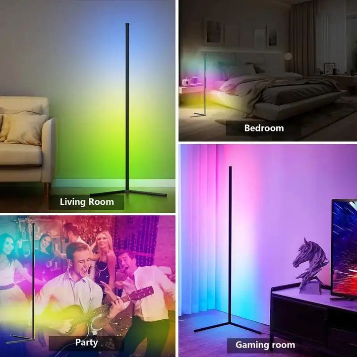 Lampe de sol d'angle LED RGB moderne 148cm. Éclairage intelligent et connectée, idéal pour décoration salon/chambre.
