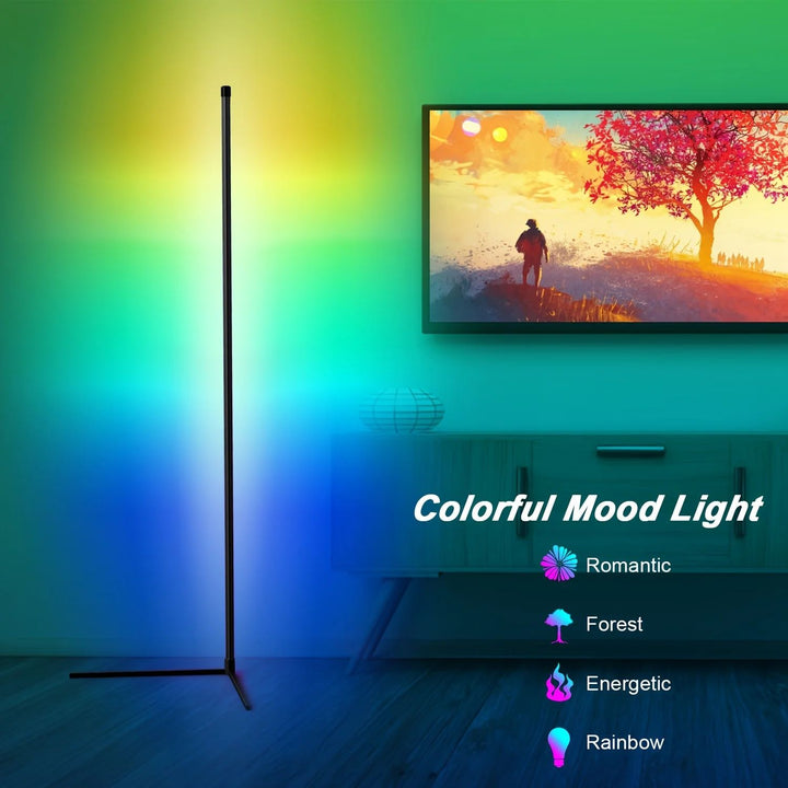 Lampe de sol d'angle connectée RGB, 148cm. Éclairage LED dimmable et personnalisable pour une ambiance intelligente.