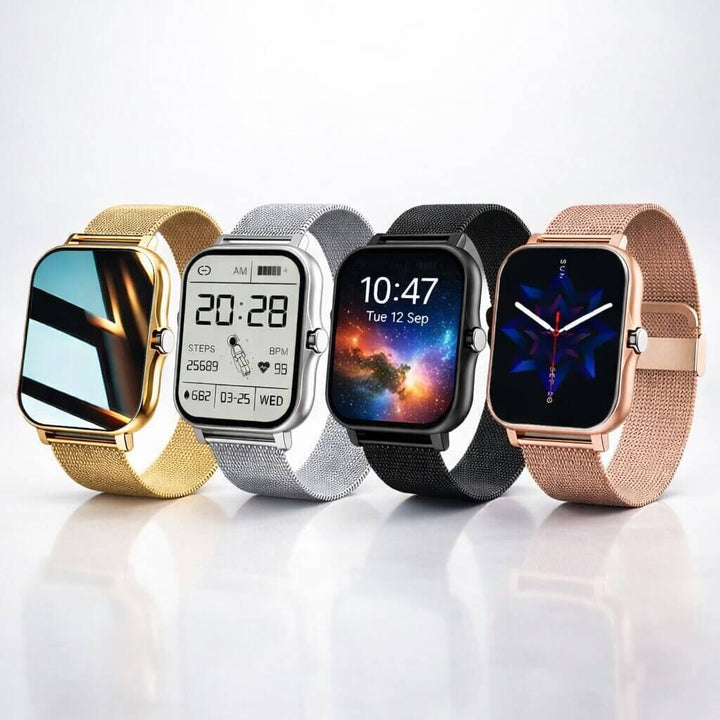 Montre connectée unisexe noire avec écran numérique, affichant l'heure et les données de fitness quotidiennes.