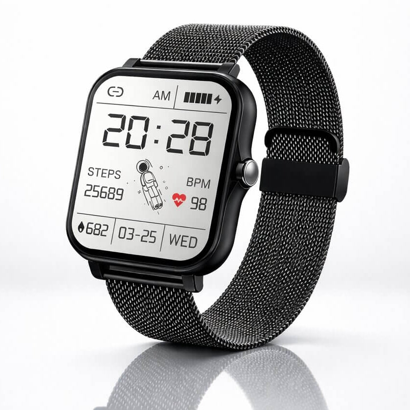 Accessoire santé et bien-être : montre connectée mesurant fréquence cardiaque et activité physique journalière.
