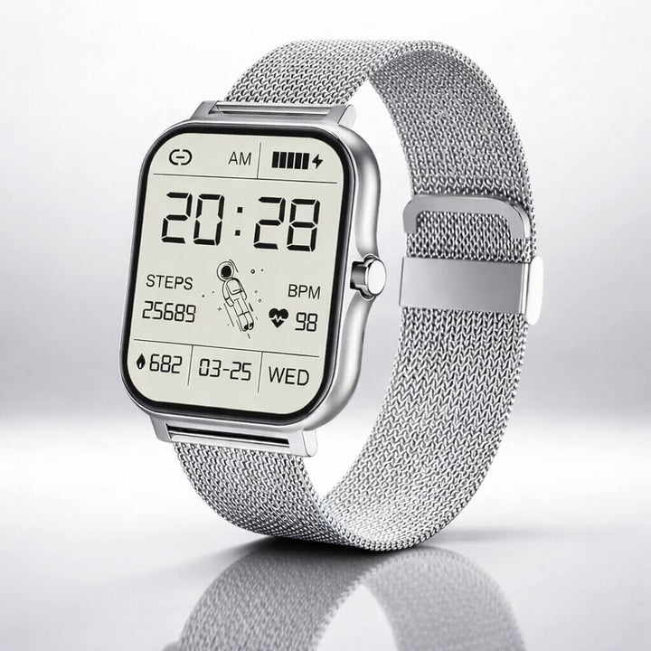 Écran couleur lumineux de la montre connectée, affichant clairement les statistiques de santé et fitness.