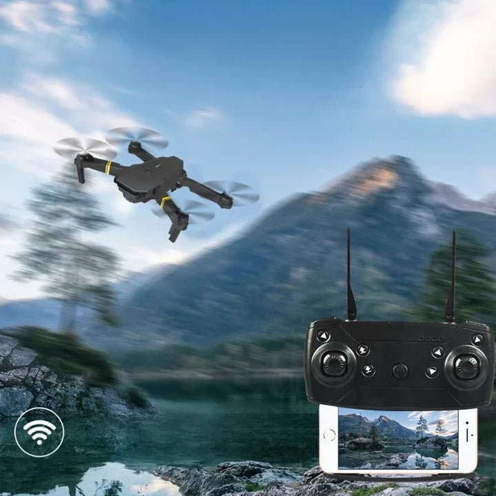 Vue détaillée du drone AeroPrisma 6K HD, ses doubles caméras et son design pliable, pour des captures épiques.
