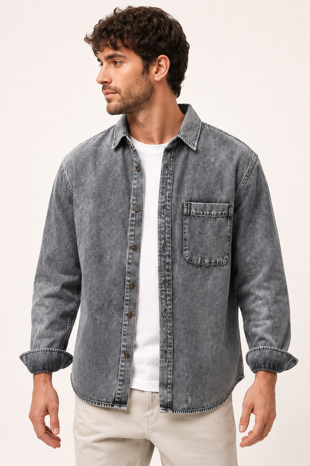 Chemise en jean bleu vintage homme, polyvalente pour un look décontracté ou superposé, tendance automne.