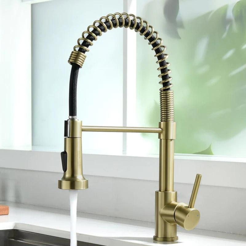 Mitigeur de cuisine or brossé, douchette extensible, ajout de luxe à la cuisine.