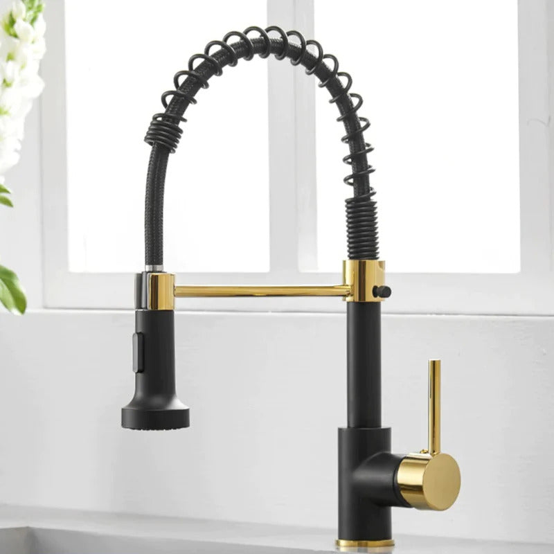Robinet moderne avec douchette extensible, noir mat, pour cuisine contemporaine.
