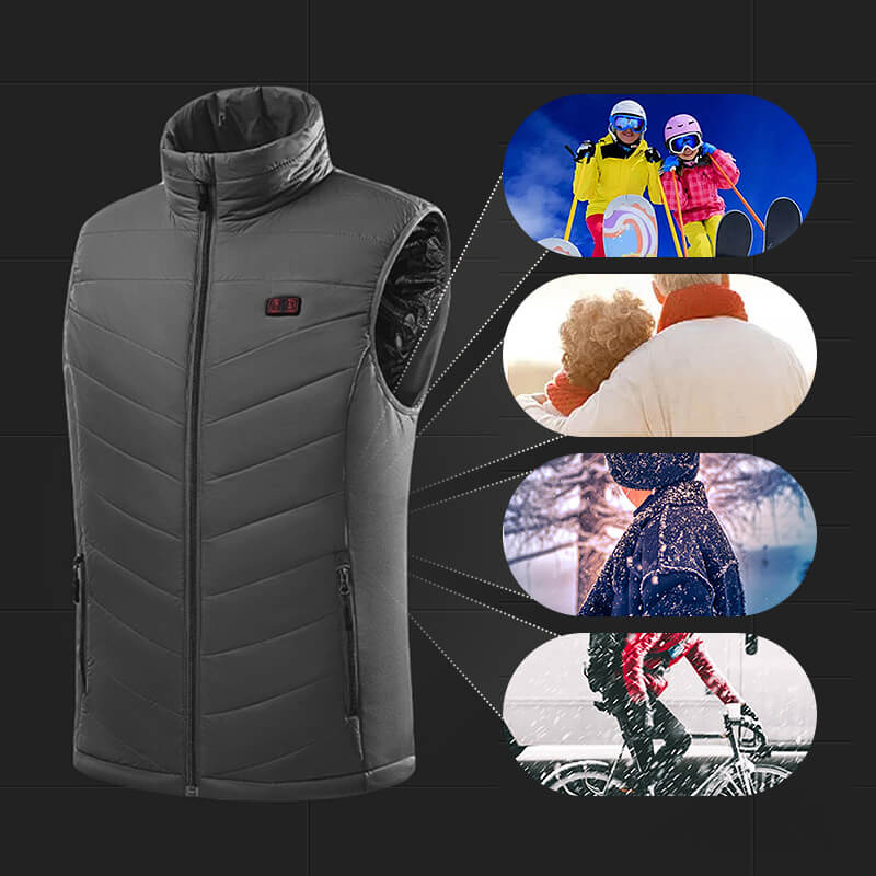 Homme portant un gilet chauffant en graphène, idéal pour ski, randonnée et pêche par temps froid.