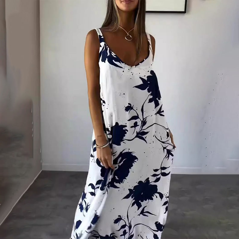 Robe femme d'été fluide sans manches, col V, imprimé floral, mélange coton-spandex pour confort.