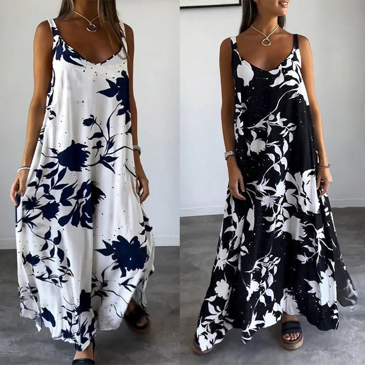 Robe fluide sans manches pour femme, col V flatteur, imprimé floral estival, confortable et respirante.
