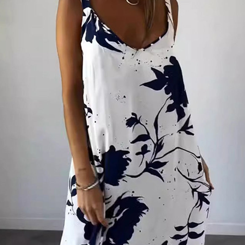 Robe femme fluide en coton-spandex, sans manches, col V, imprimé estival, idéale pour la détente.