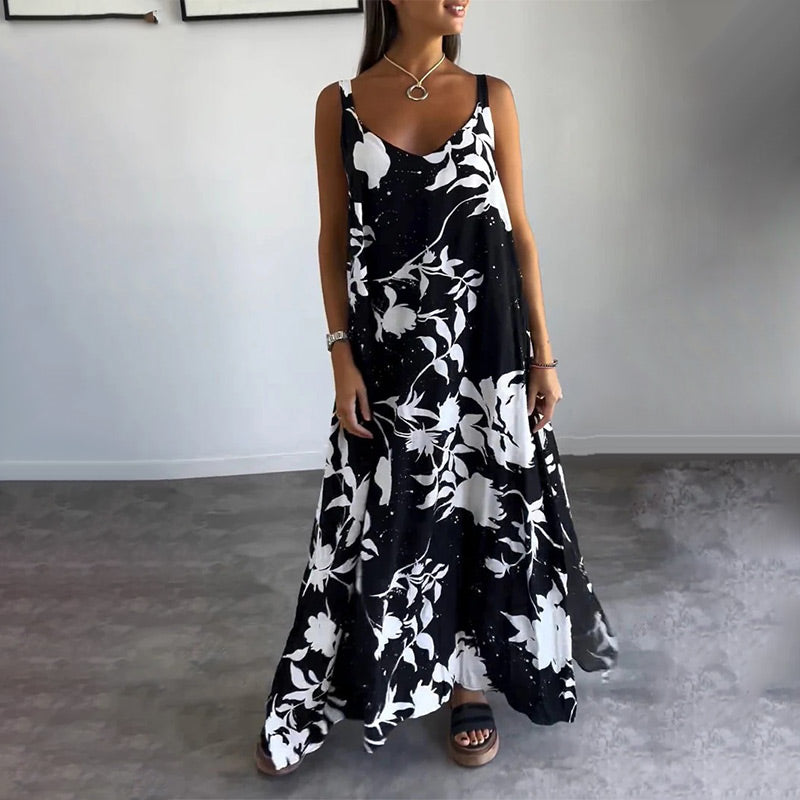 Robe femme décontractée d'été, sans manches, col V, motif imprimé, parfaite pour le confort quotidien.