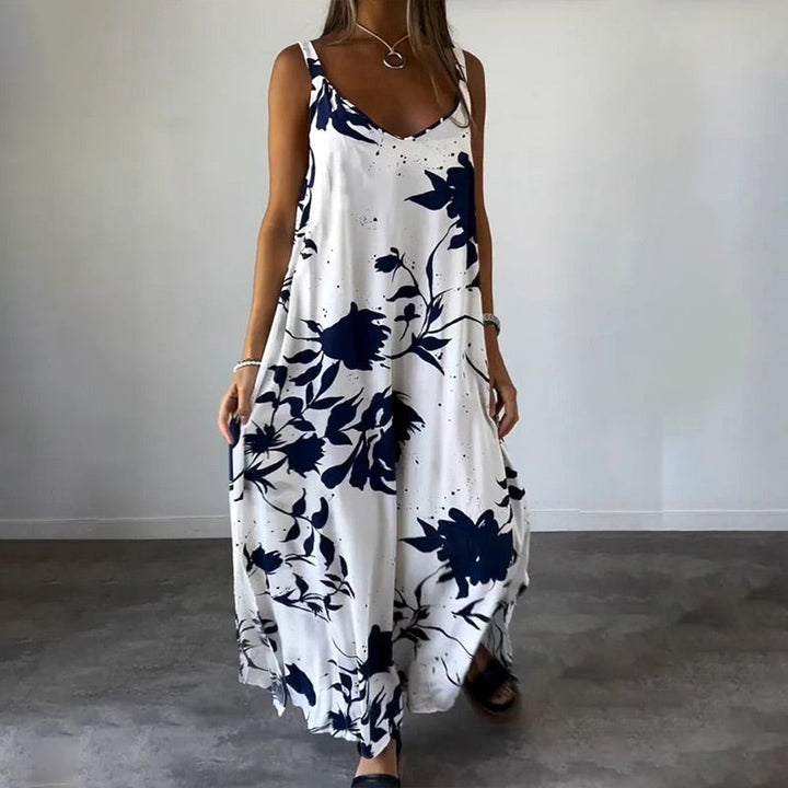 Robe femme été sans manches, col V, imprimé floral vibrant, coupe fluide en coton-spandex, très confortable.