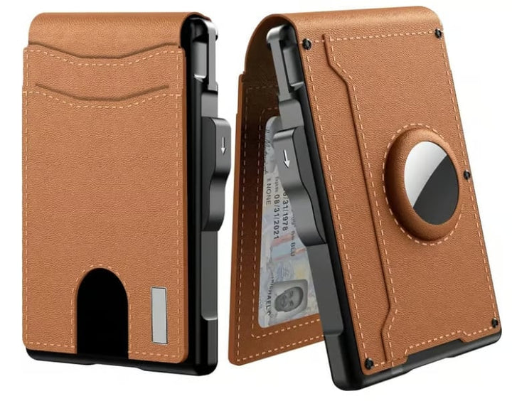 Portefeuille slim mixte en cuir noir, protection RFID et emplacement AirTag.
