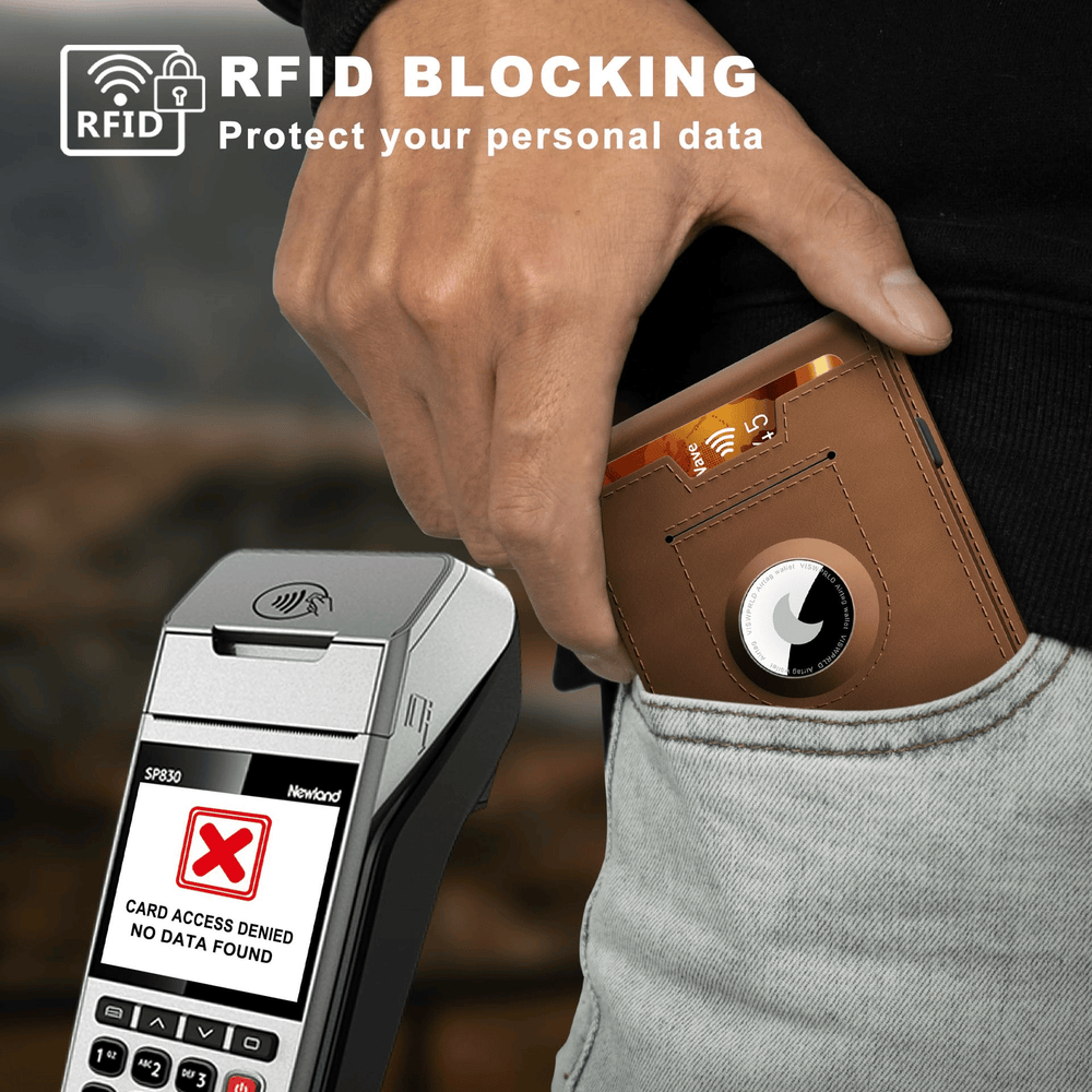 Porte-cartes minimaliste marron, mixte, anti-RFID, avec compartiment AirTag.