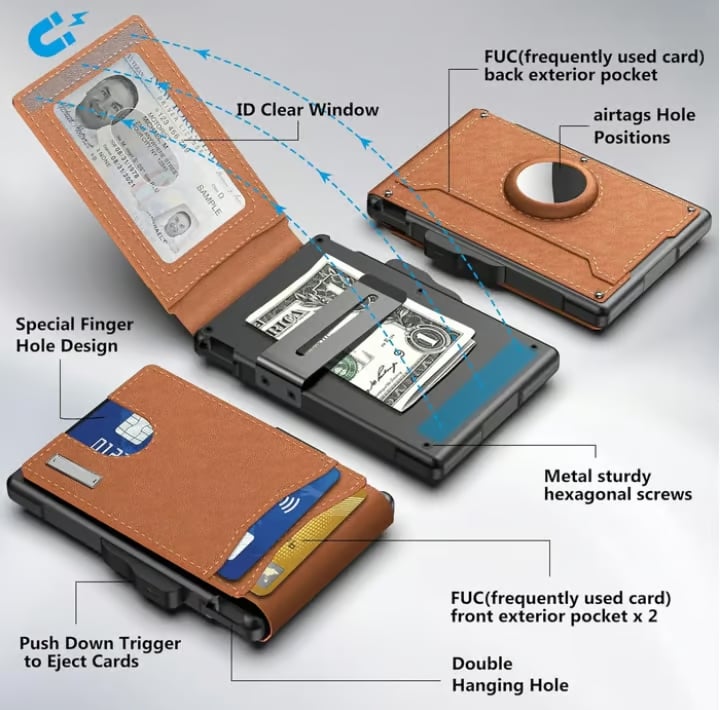 Portefeuille minimaliste noir, mixte, avec technologie RFID et compartiment AirTag.