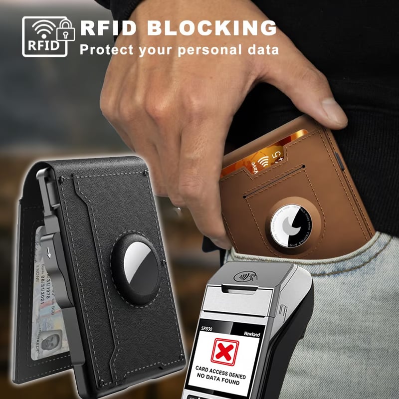 Portefeuille en cuir noir, slim, mixte, anti-RFID, avec poche dédiée AirTag.