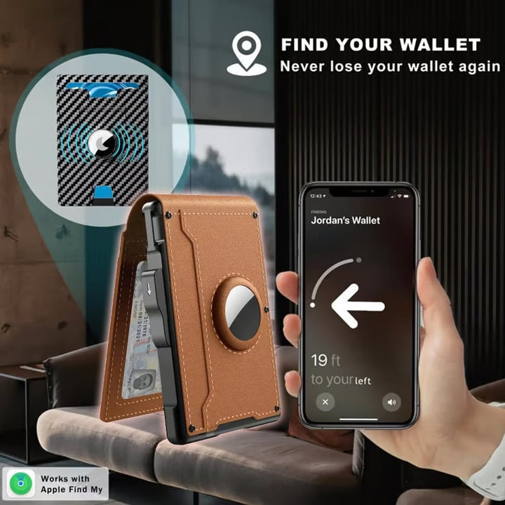 Porte-cartes slim noir, protection RFID pour données, emplacement AirTag discret.