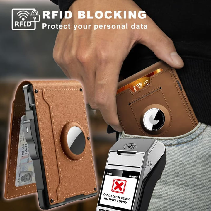 Porte-cartes sécurisé RFID marron, design fin, avec compartiment pour AirTag.
