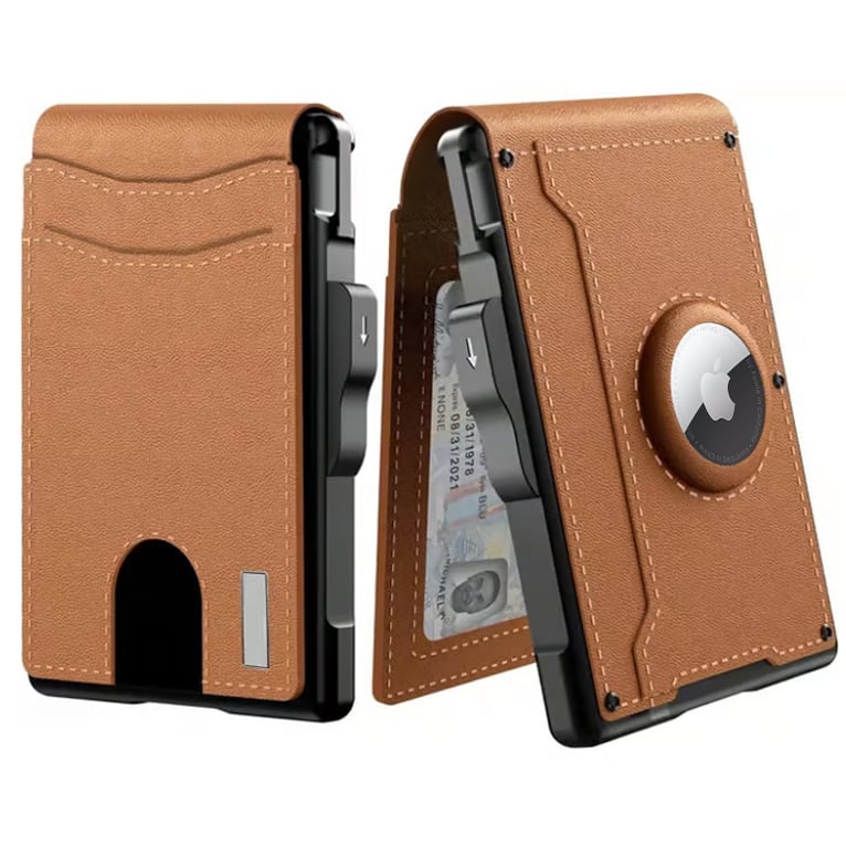 Design slim noir: portefeuille porte-cartes anti-RFID, cuir, aluminium, poche AirTag.