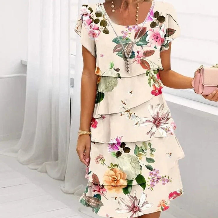 Robe fluide femme à col rond et manches courtes, imprimé floral, volants, très confortable.