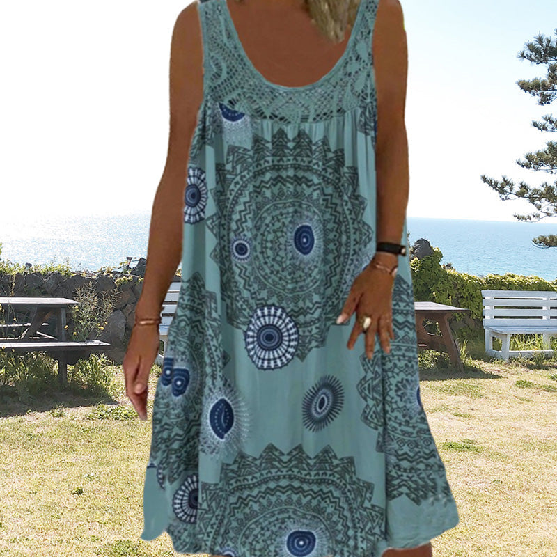 Robe ample femme en polyester, légère et chic, imprimé floral et finition dentelle.