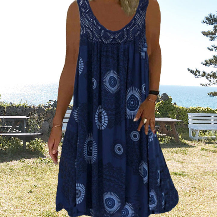 Robe décontractée femme, sans manches, à motifs imprimés, dentelle élégante, style fluide.