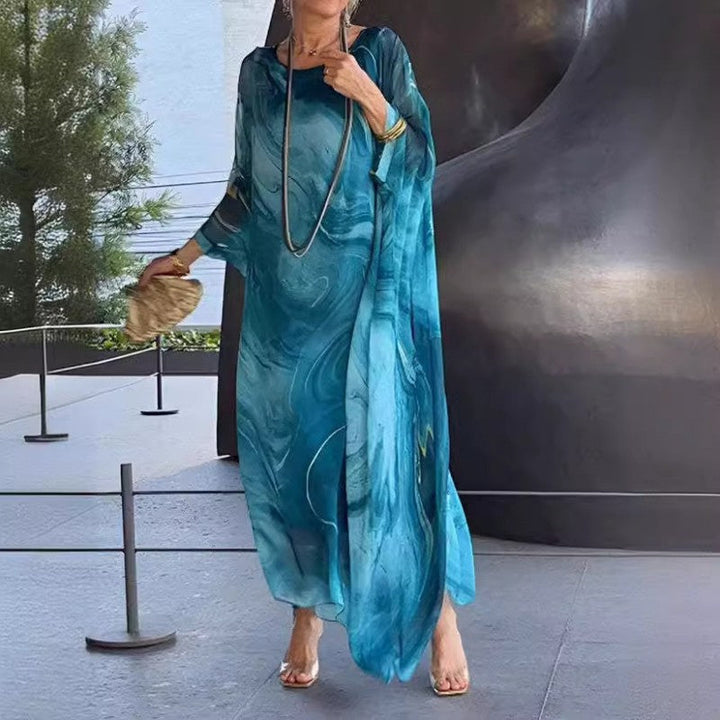 Robe femme décontractée longue en chiffon fluide, idéale pour le confort et les vacances d'été.