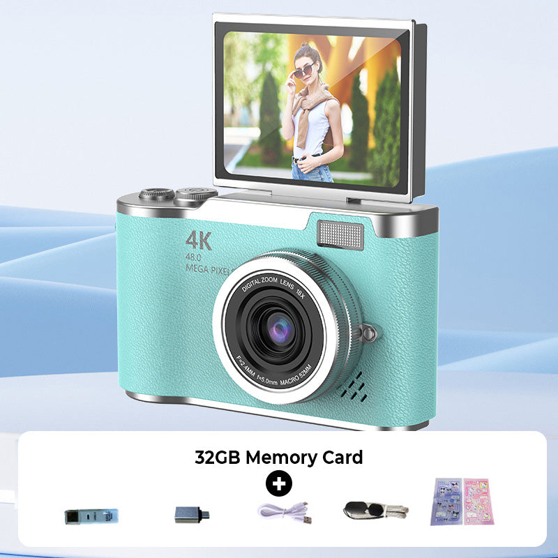 Appareil photo compact HD pour vlogs et selfies, toujours prêt à l'emploi.