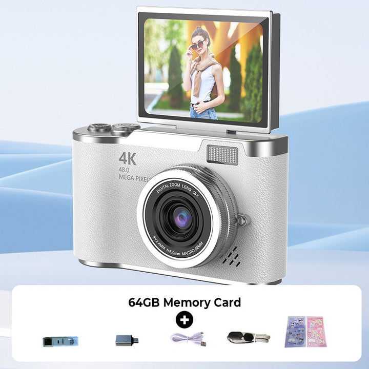 Caméra HD pour enregistrement vidéo, photographie et selfies, écran pivotant intuitif.