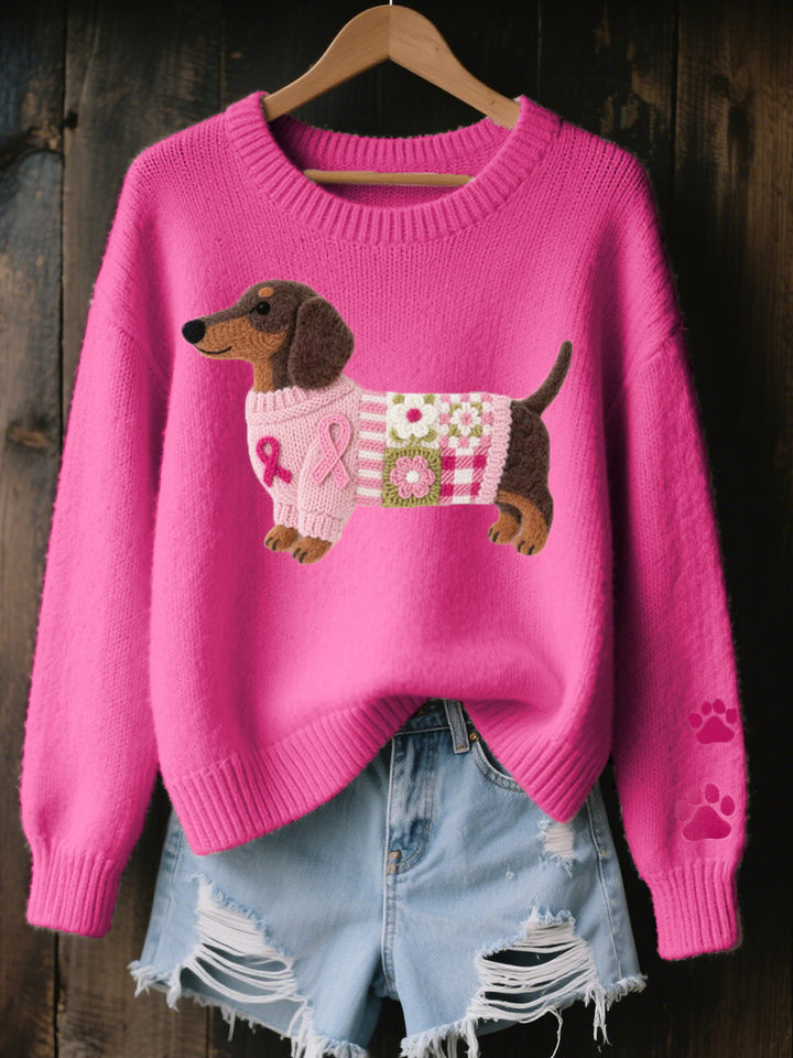 Tricot femme automne hiver, maille douce et chaude, motif teckel pour un style original et cocooning.