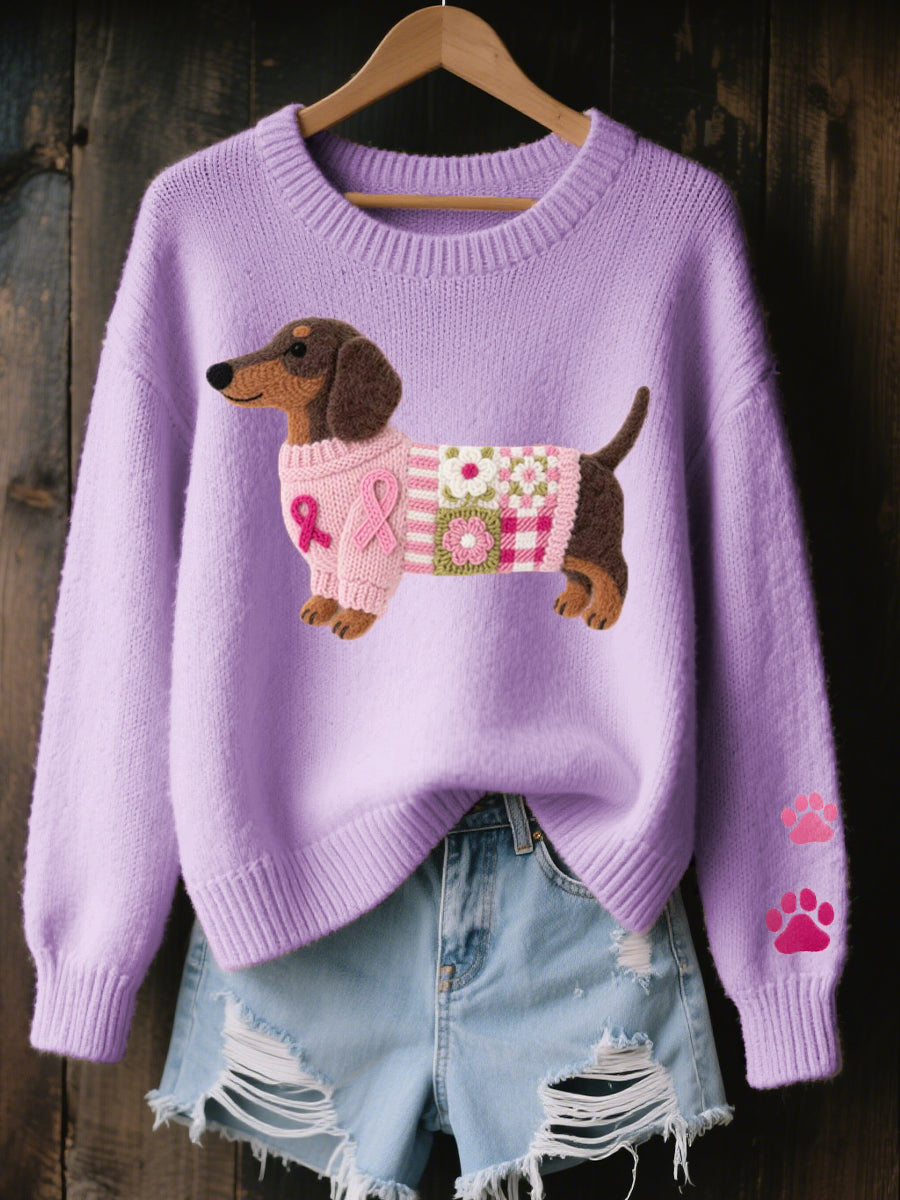 Pull femme maille douce automne hiver, avec un adorable motif teckel. Confortable et tendance.