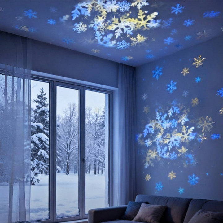 Décoration de Noël festive avec le projecteur LED STARFLOW, projetant des flocons de neige lumineux.