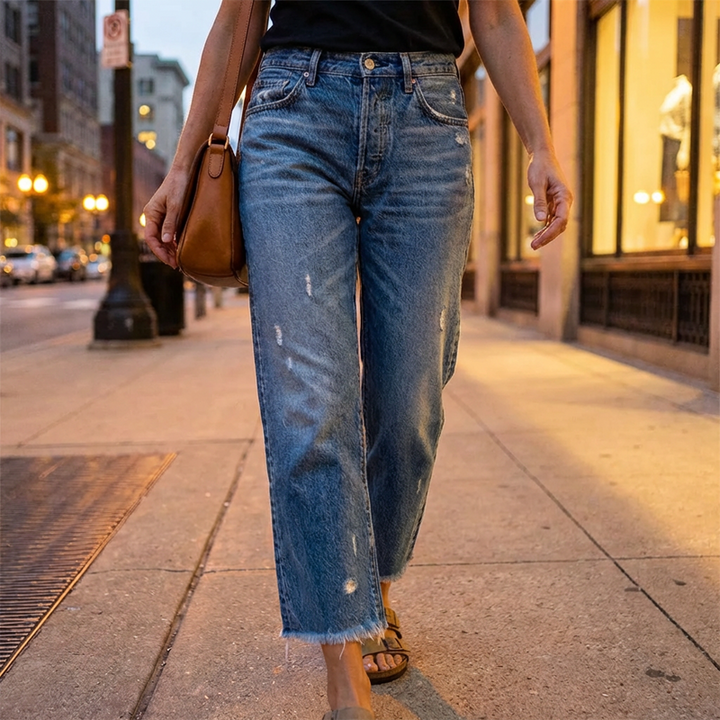 Jean femme style rétro décontracté, coupe droite cropped, idéal printemps été.