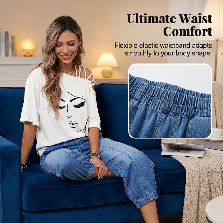 Jean femme casual chic, denim bleu raccourci, taille élastique. Ultra confortable pour toutes vos tenues quotidiennes.