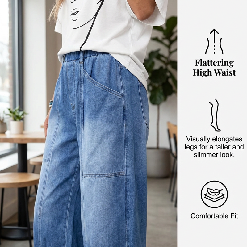 Jean femme grandes tailles, taille élastique, coupe décontractée. Denim bleu confortable et moderne pour un look facile.