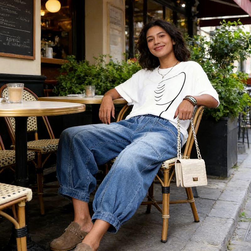 Jean femme décontracté raccourci en denim bleu, taille élastique, offrant un confort absolu et un style moderne.