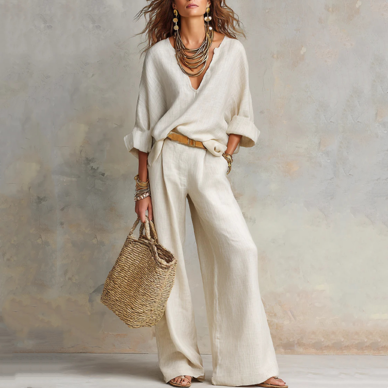 Ensemble deux pièces rose pour femme, pantalon large et haut fluide, style décontracté chic pour l'été.