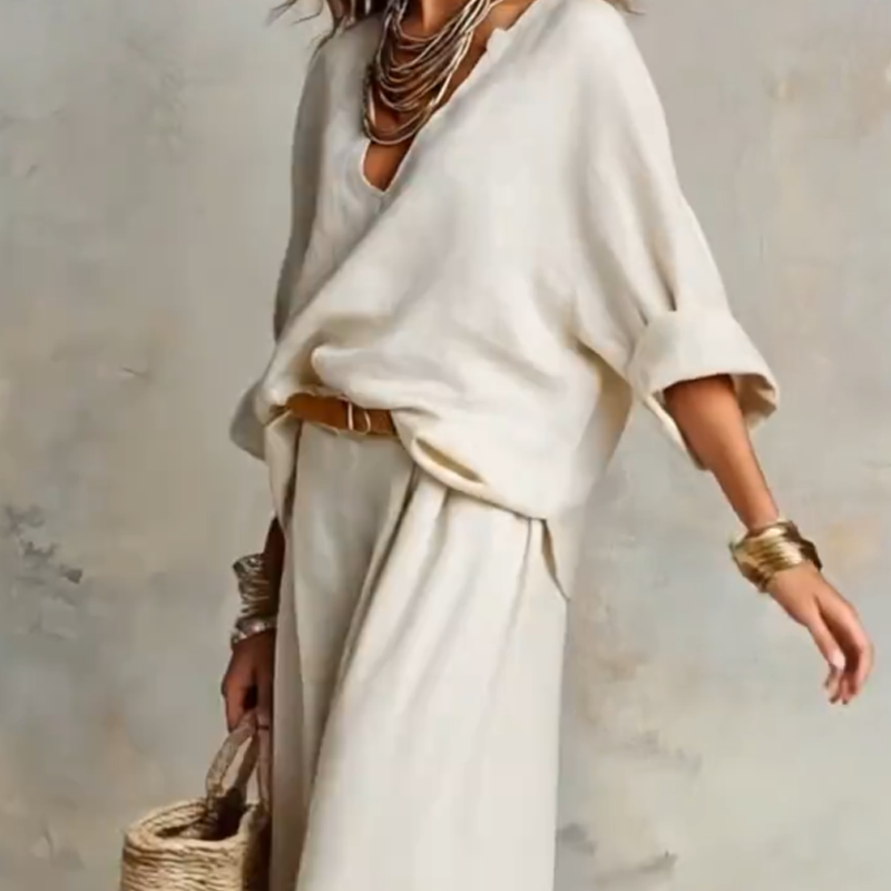 Tenue femme deux pièces rose, pantalon large fluide et élégant en effet lin, style bohème estival.