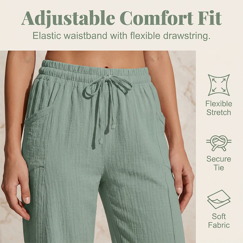 Pantalon femme très confortable, coupe cropped en coton lin, taille élastique.